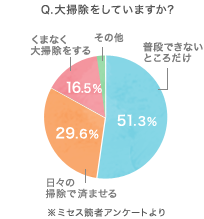 Ｑ大掃除をしていますか？ 普段できないところだけ：51.3％　日々の掃除で済ませる：29.6％　くまなく大掃除をする：16.5％　※ミセス読者アンケートより